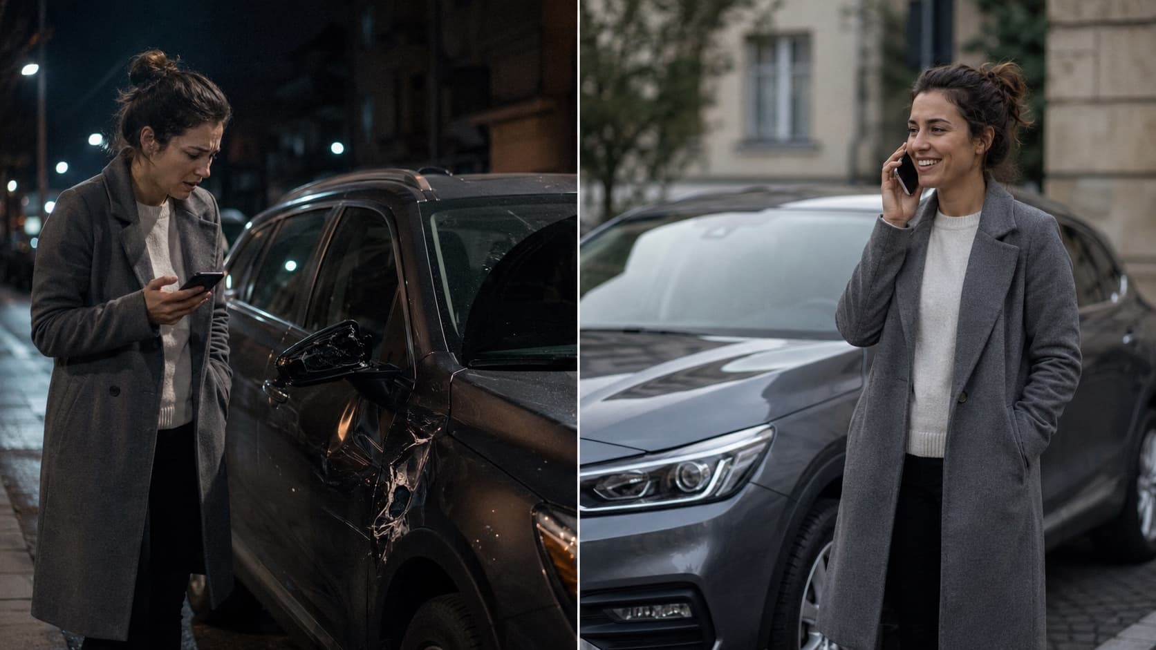 Млада жена застанала до нова кола с лека щета по предния калник на улица пред жилищен блок, светъл сутрешен тон, спокойно изражение